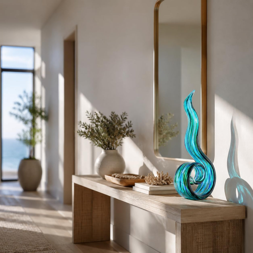 Glass Sculptures Home Decor, Hand Blown Art Glass Statue, Abstract Wave Flame Figurine Shelf Tabletop Entryway