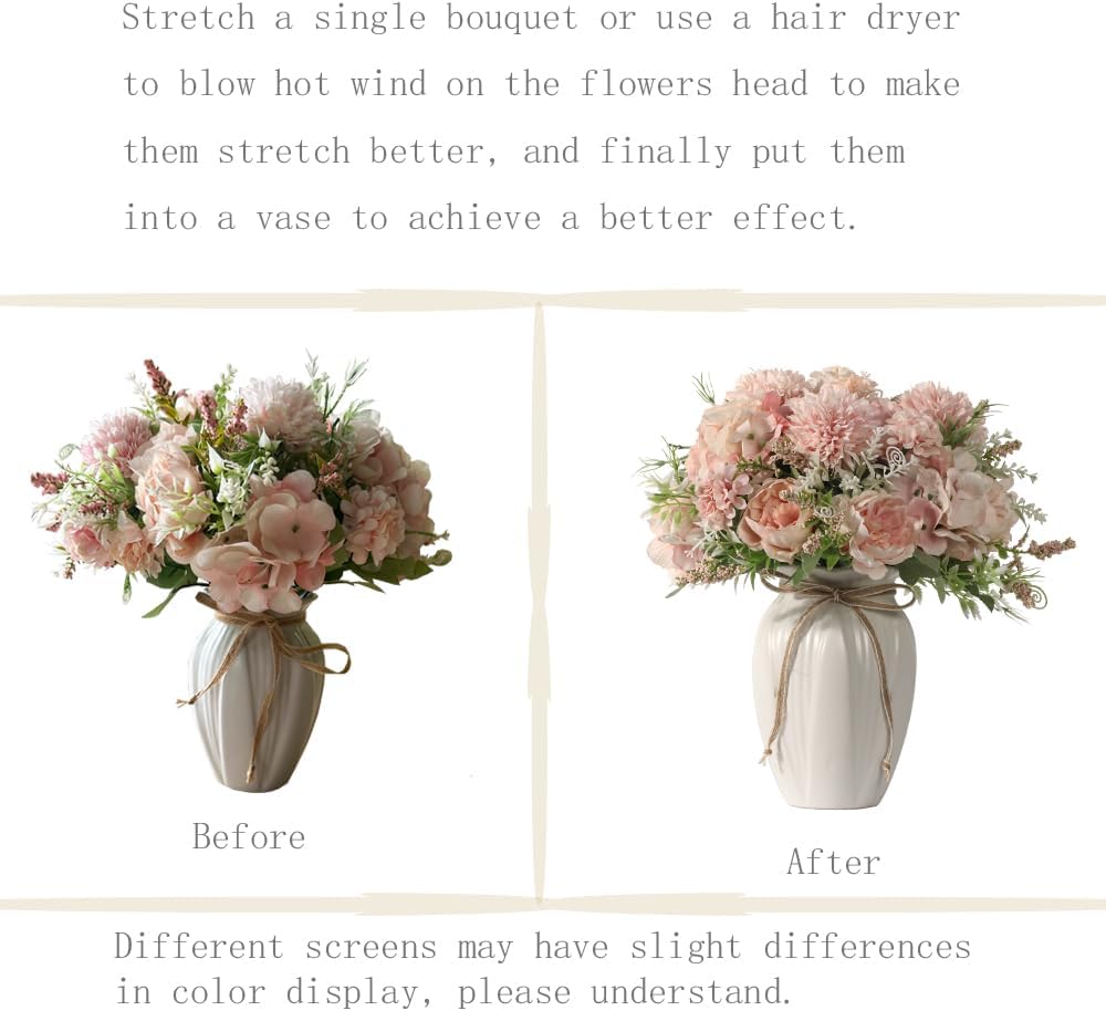 Peonies Artificial Flowers in Vase, Fake Hydrangea Silk Peony Flower Bouquet with Vase Faux Flowers Arrangement Decor - Set of 3