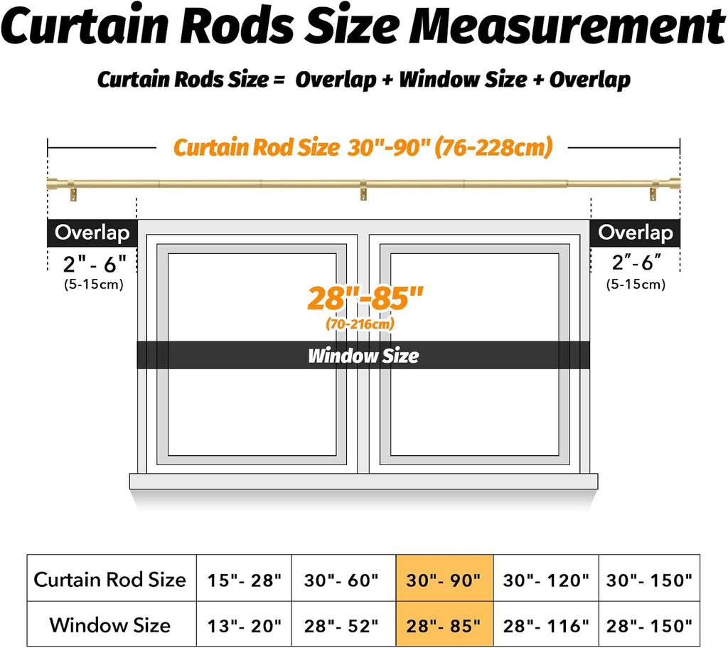 Gold Curtain Rods for Windows 48 to 84 Inch, 1 Inch Adjustable Heavy Duty Easy Install Curtain Rods Set (Gold, 30"-90")
