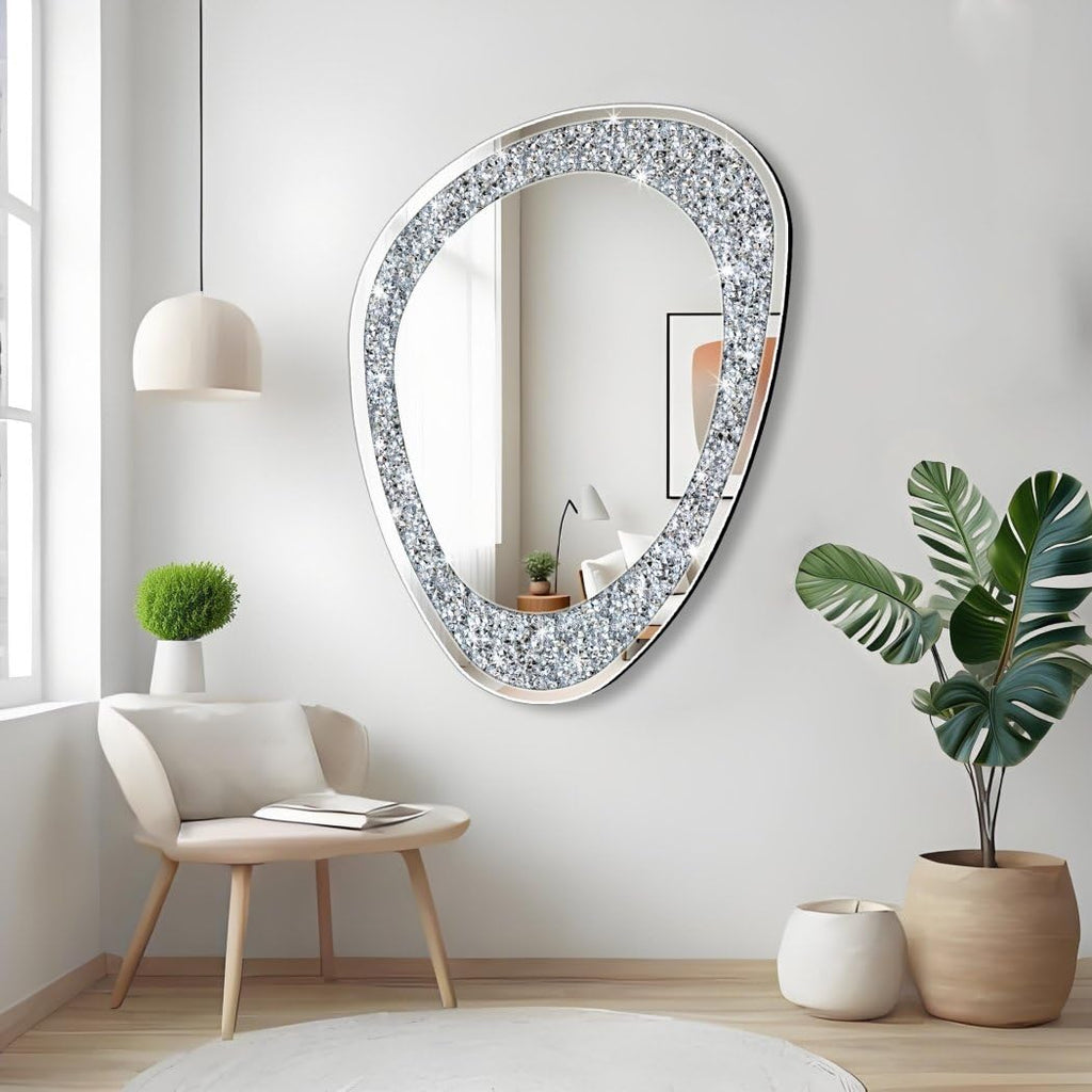 Modern Irregular Shaped Wall Mirror - 32x23.5 Inch Decorative Oval Diamond Decor Mirror