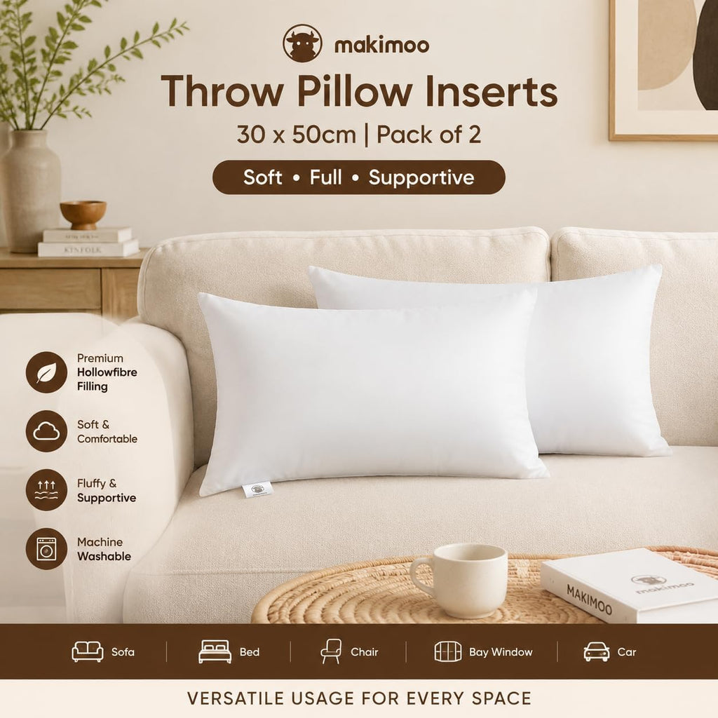 Throw Pillow Inserts 30 x 50cm (12" x 20"), Cushion Inserts, Hollowfibre Filling for Sofa, Bedding Cushion Pads (Pack - Set of 2