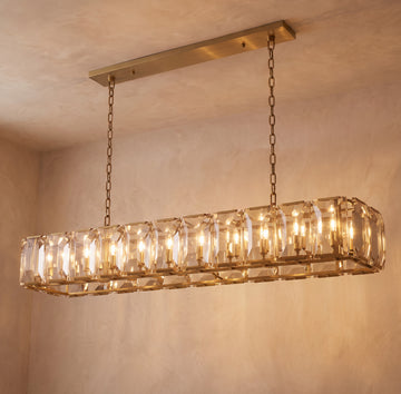 Inspired Harlow Style 73 Inch Rectangular Crystal Prism Chandelier Lacquered Burnished Brass - Main Product View