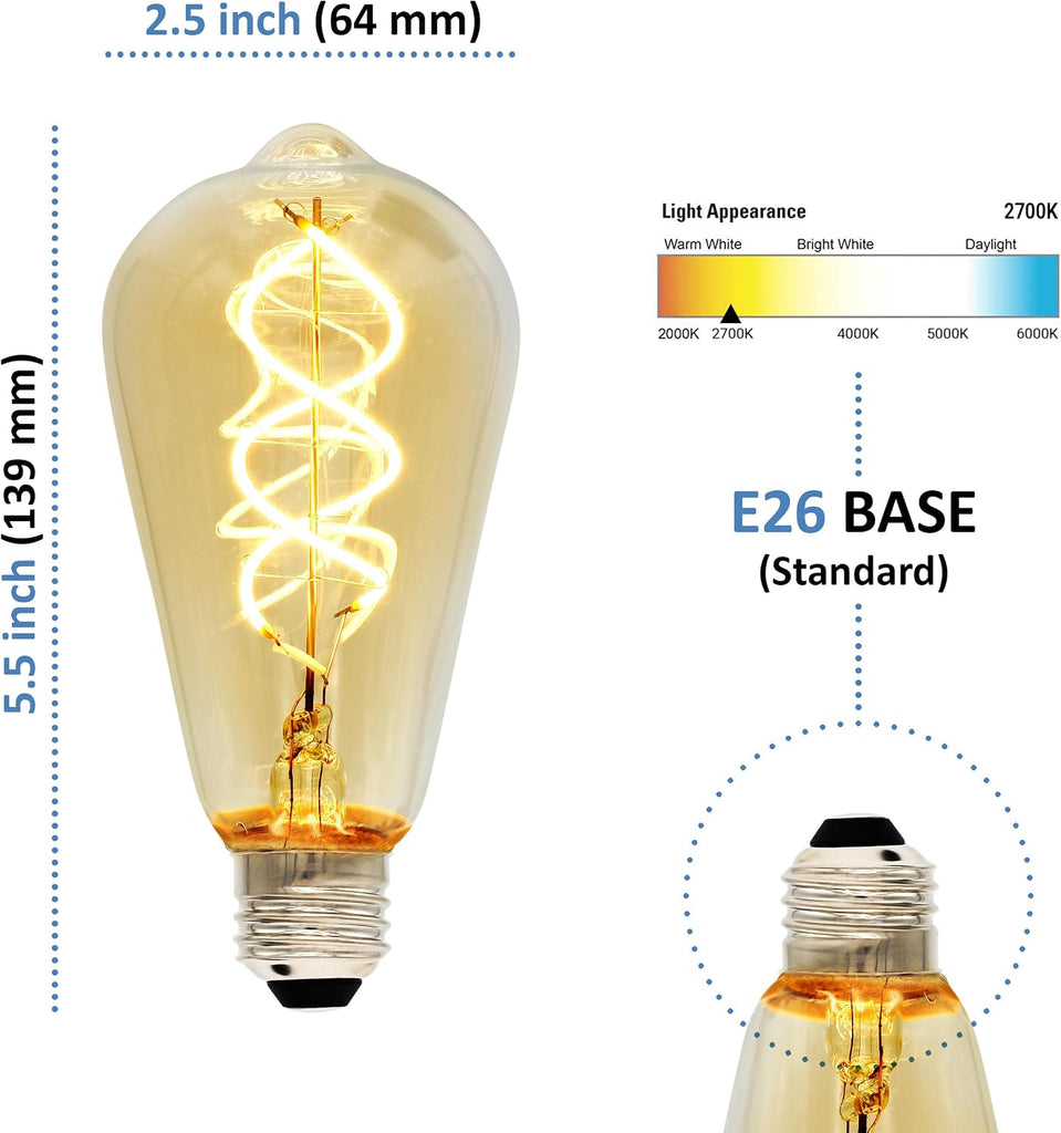 Vintage Edison Bulb, ST64 ST21 ST19 Spiral, 6w Dimmable LED, Standard E26 Base, ETL Certified