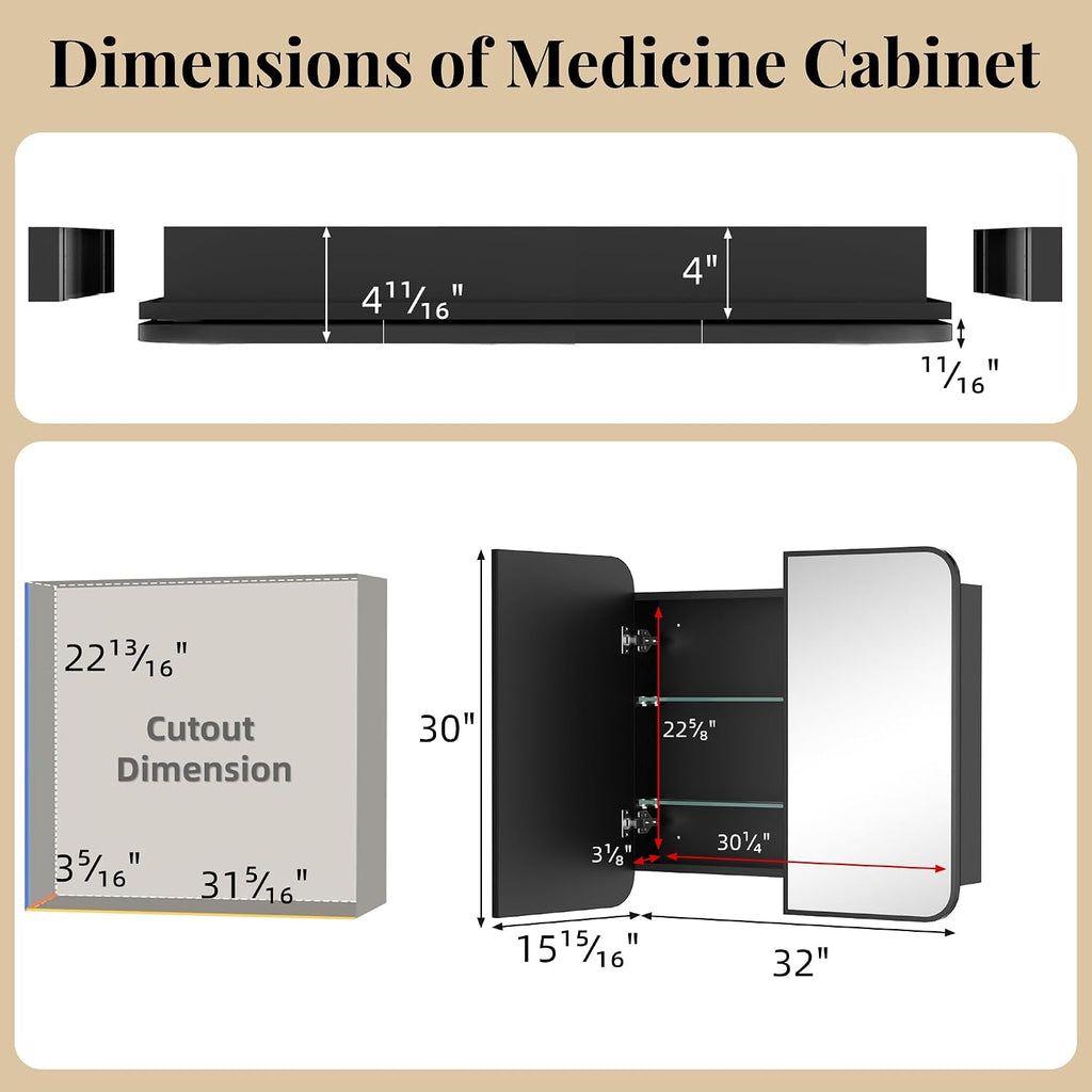 32x30 Inch Medicine Cabinet with Mirror, Rounded Corner, Double Door, Black | Fully Assembled, Recessed or Surface