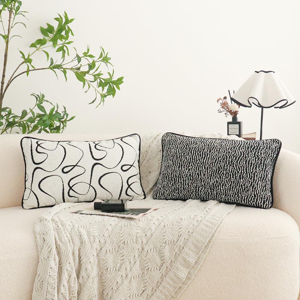 Black White Boho Textured Abstract Throw Pillow Cover, Geometric Minimalist Lumbar Pillowcase for Couch Sofa Bed