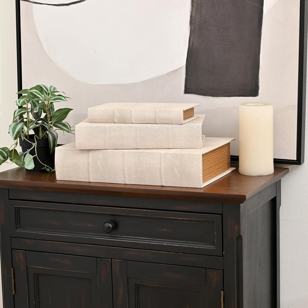 Modern Faux Shagreen Leather Decorative Book Boxes Set of 3 - Wooden Book Shaped Hidden Storage Boxes Decor, Coffee