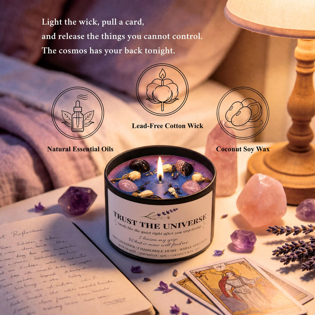 Trust the Universe Crystal Candle for Serenity, 8OZ Amethyst Energy Healing Candles, Protection Support Chakra