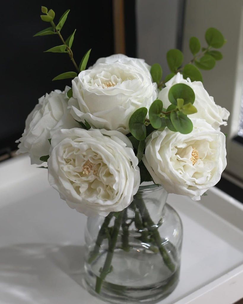 Artificial Flowers with White Roses in Vase, Fix Lifelike Fake Flowers in Vase with Artificial Water, Faux Flower