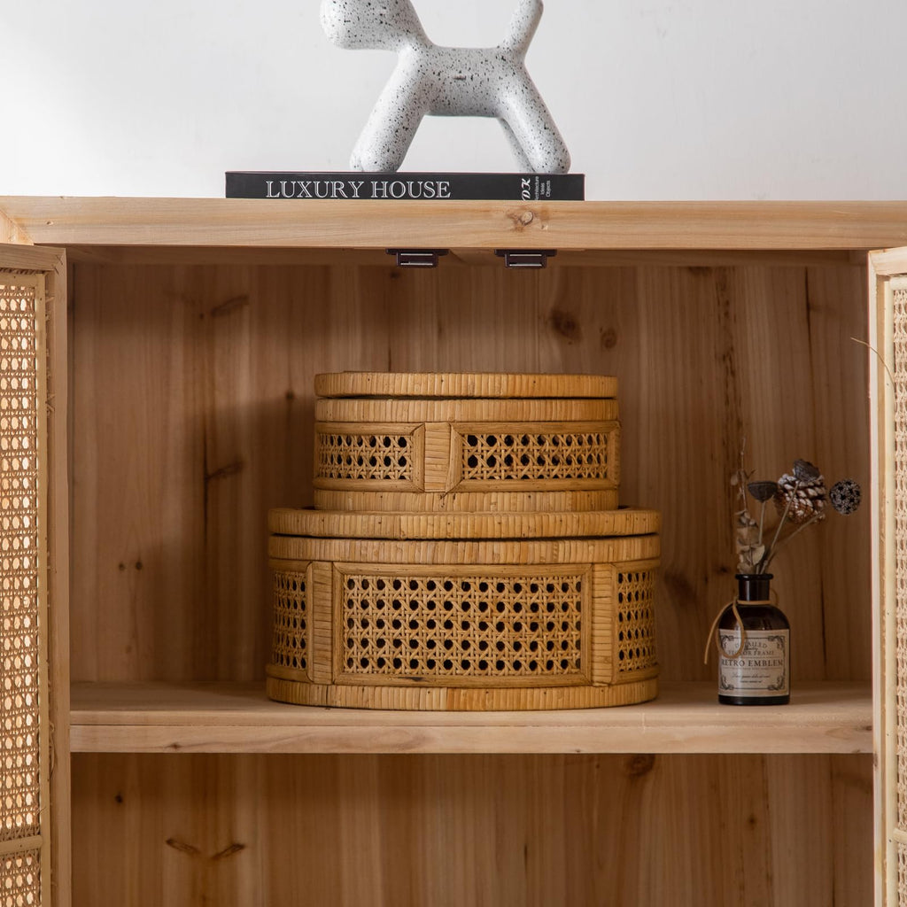 Rattan Decorative Box, Boho Decorative Boxes with Lids, Set of 2 Round Farmhouse Wicker Storage Box, Natural Woven