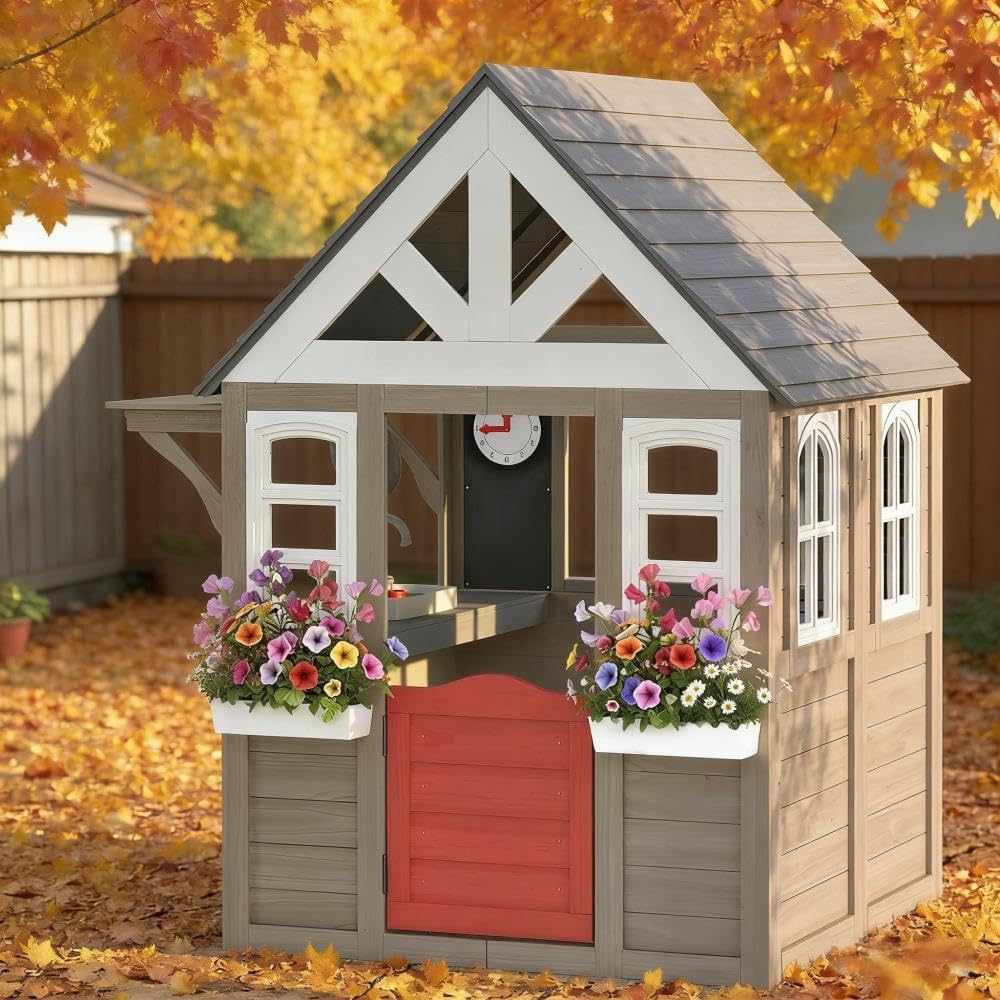 Wooden Playhouse for Kids: Ideal for Garden Adventures | Polypropylene and wood construction, gray finish, stove set