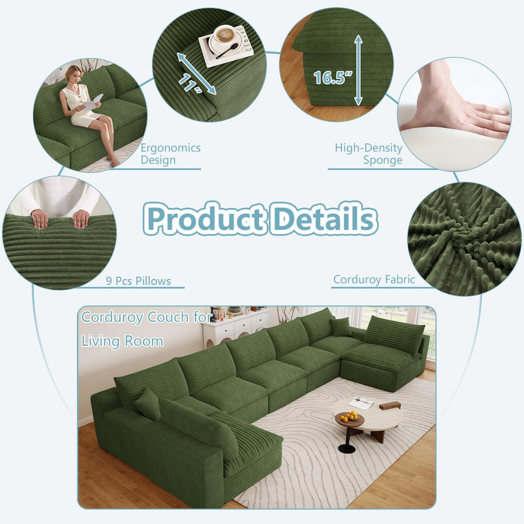 165" Oversized Cloud Sectional Couch with U-Shaped Chaise, 7-Seater Corduroy Viral Boneless Sofa, Memory Foam Couches