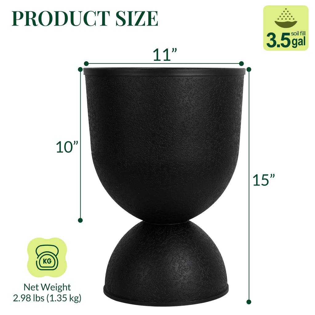 15 Inch Tall Planters, Black Plastic Urn Planters, 2 Pack