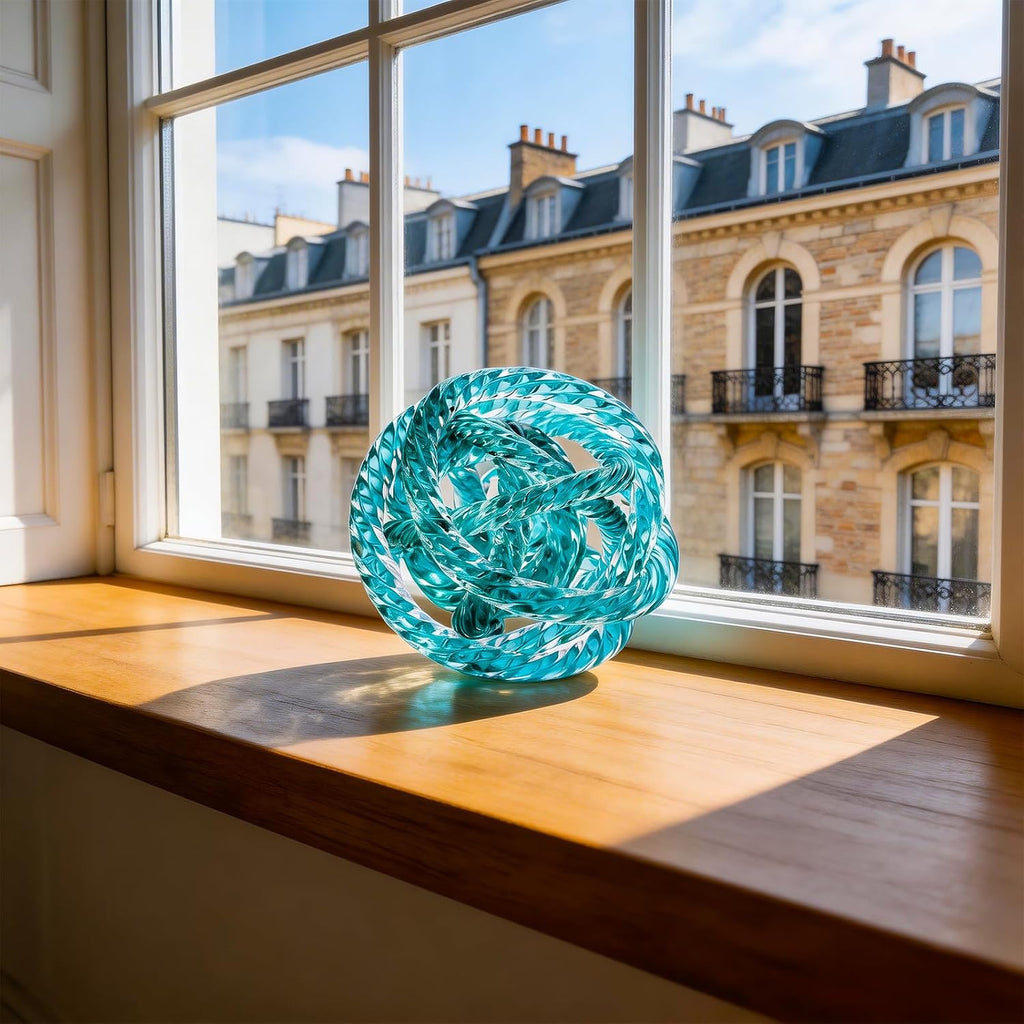 Glass Knot Teal Orbit Ball - 6 Inch Hand Blown Infinity Sculpture Decor Glass Orbit Home Decor Table Decoration