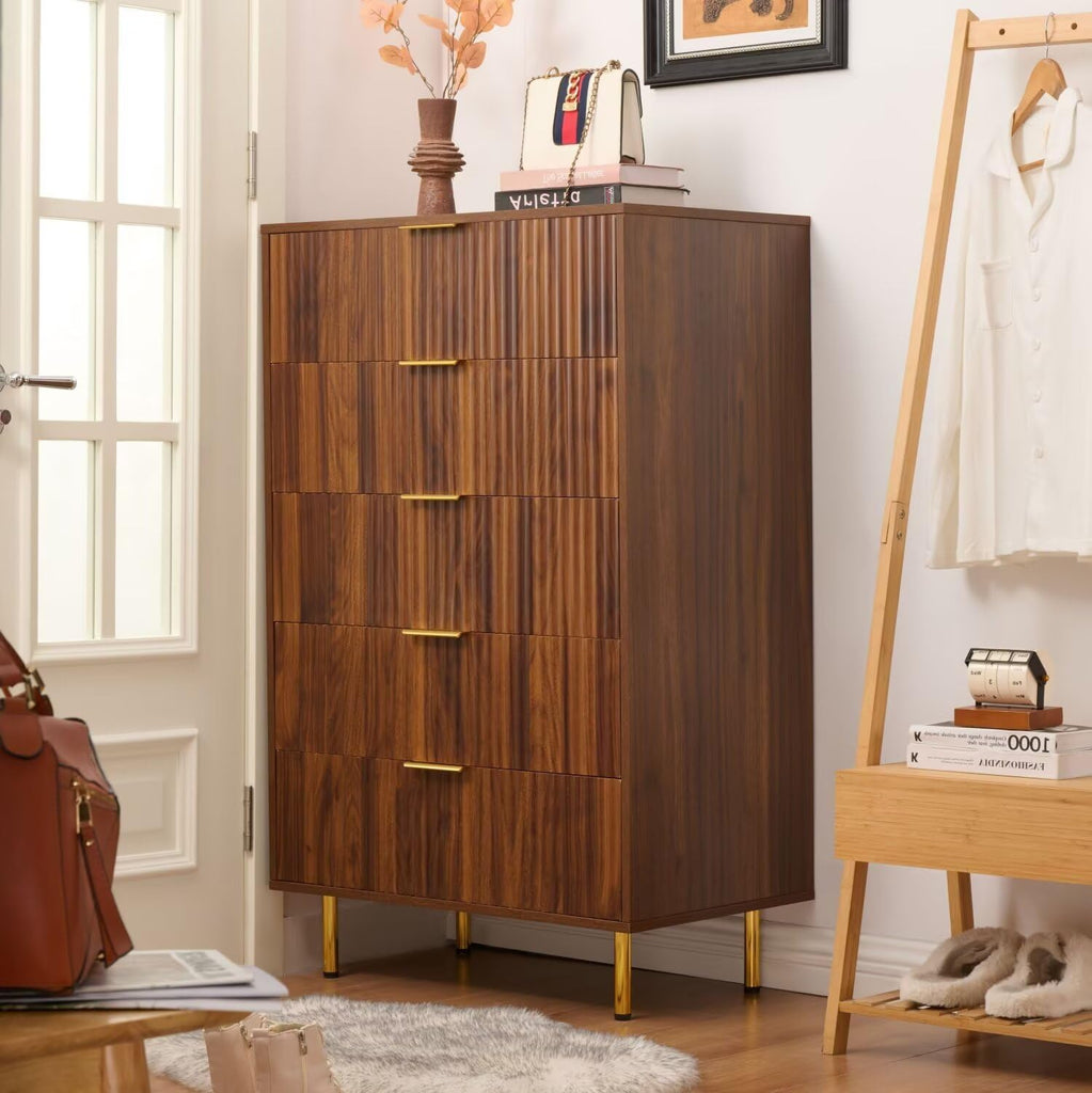 48" Tall 5 Drawers, Walnut Chest of Drawers Gold Handle