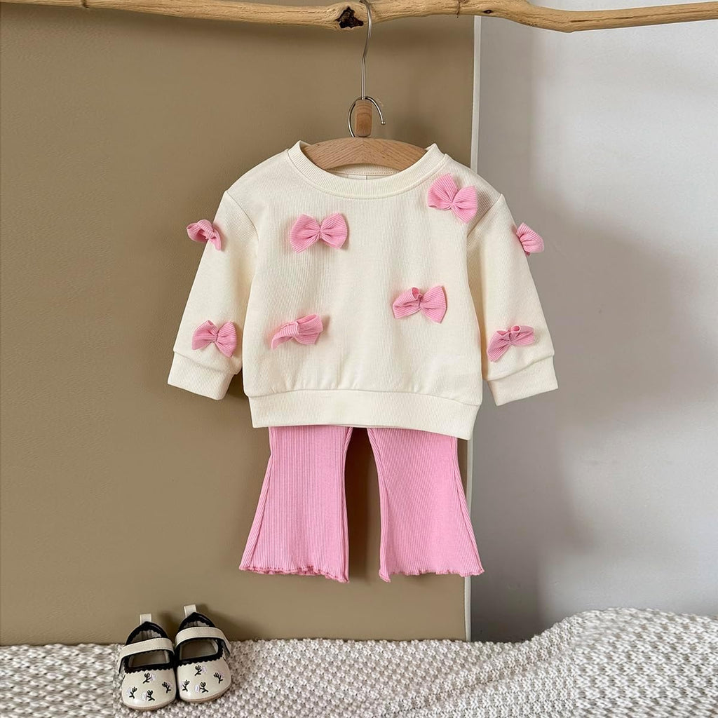 Fall Baby Girl Clothes Long Sleeve Sweatshirt Top with Bow & Pink Pants Set Toddler Bell-Bottoms Outfits ( - )