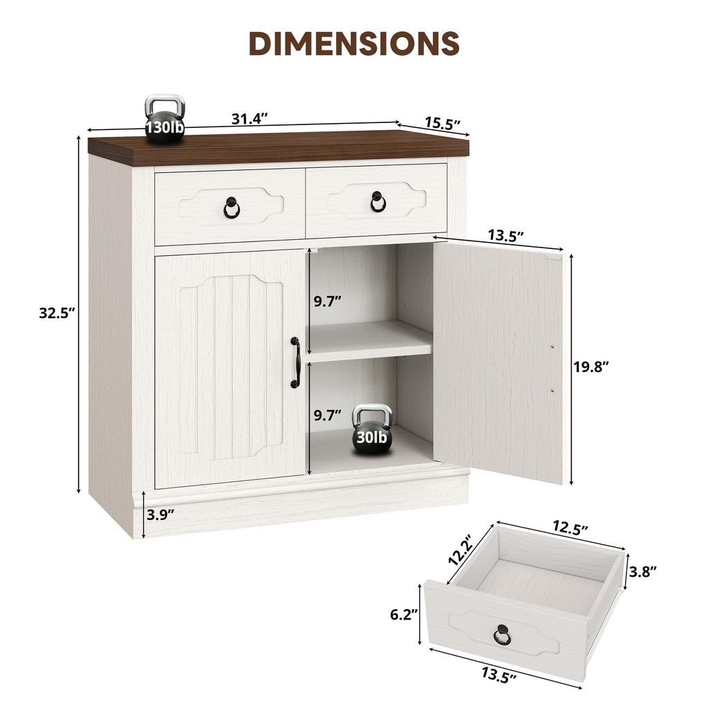 Buffet Cabinet with 2 Drawers, 32" Sideboard Buffet Storage Cabinet with Doors and Shelves, Farmhouse Coffee Bar