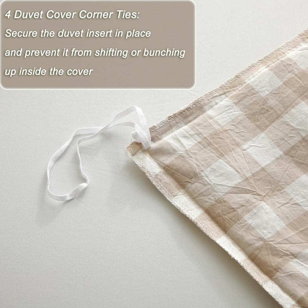 Tan Gingham Plaid Ruffle 3-Piece Duvet Cover Set