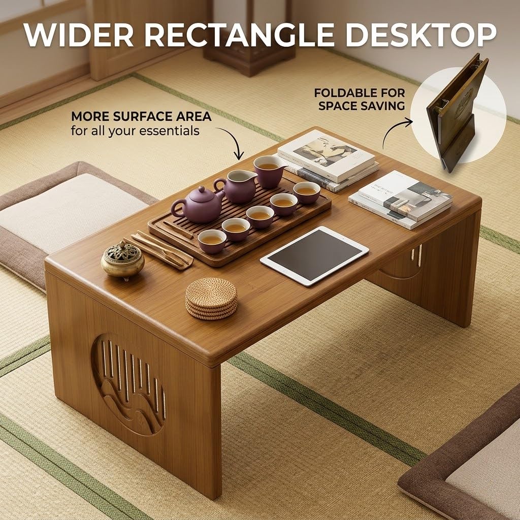 Japanese Floor Table, Bamboo Low Desk for Tea Meditation, Foldable No Assembly (Table (100cm))