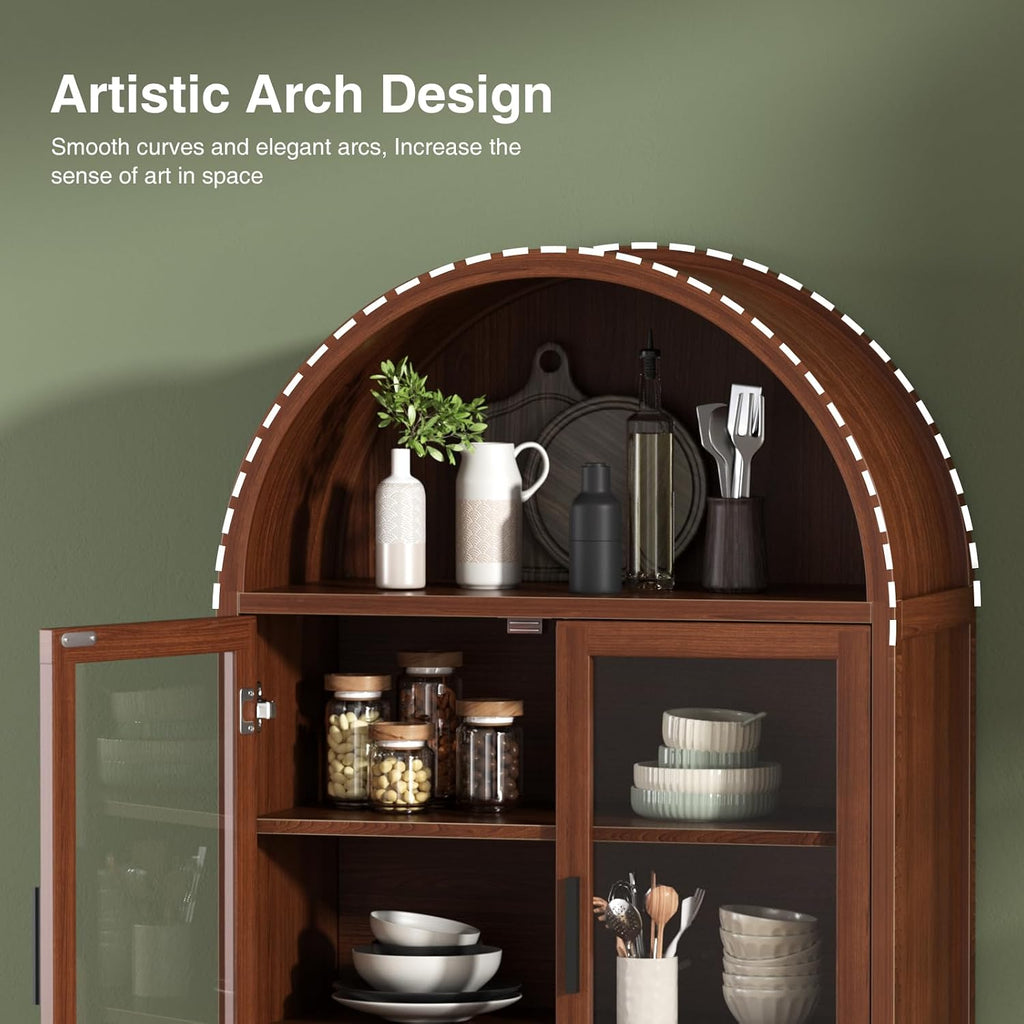 Kitchen Pantry Cabinet with Glass Doors, Arched Design,Walnut | Solid Wood Legs, Artistic Fluted Doors, Adjustable