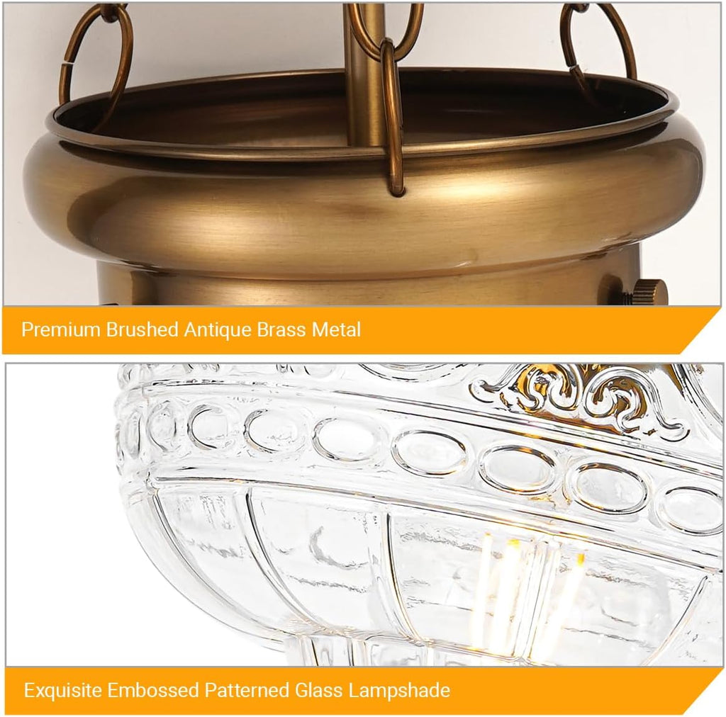 Vintage Brushed Antique Brass Pendant Light for Kitchen Island, Handblown Textured Glass Hanging Light Fixture