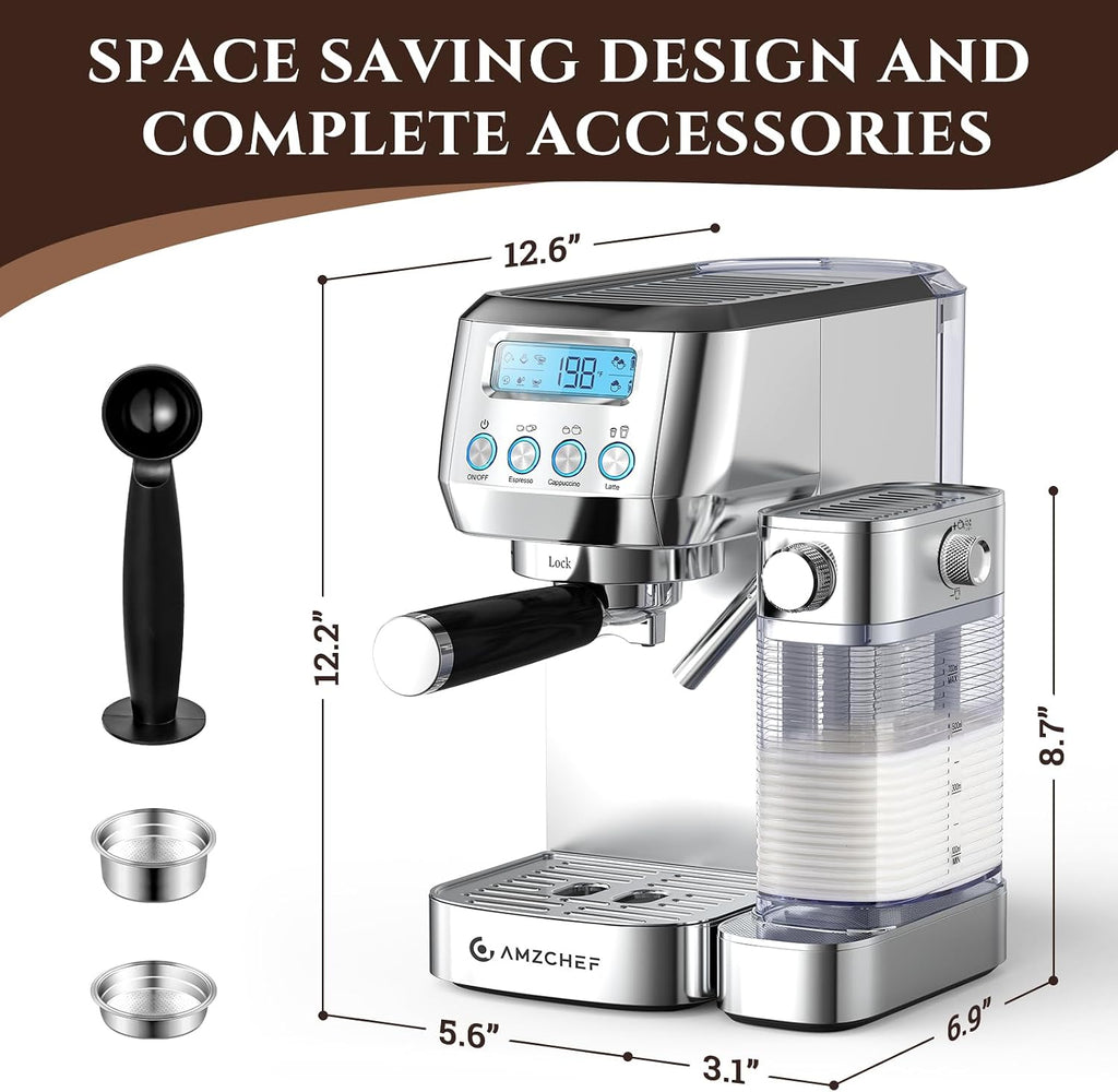 Espresso Machine, Auto Milk Frother, 20 Bar Pressure, Silver | Home Coffee Maker with 61oz Removable Tank & LCD