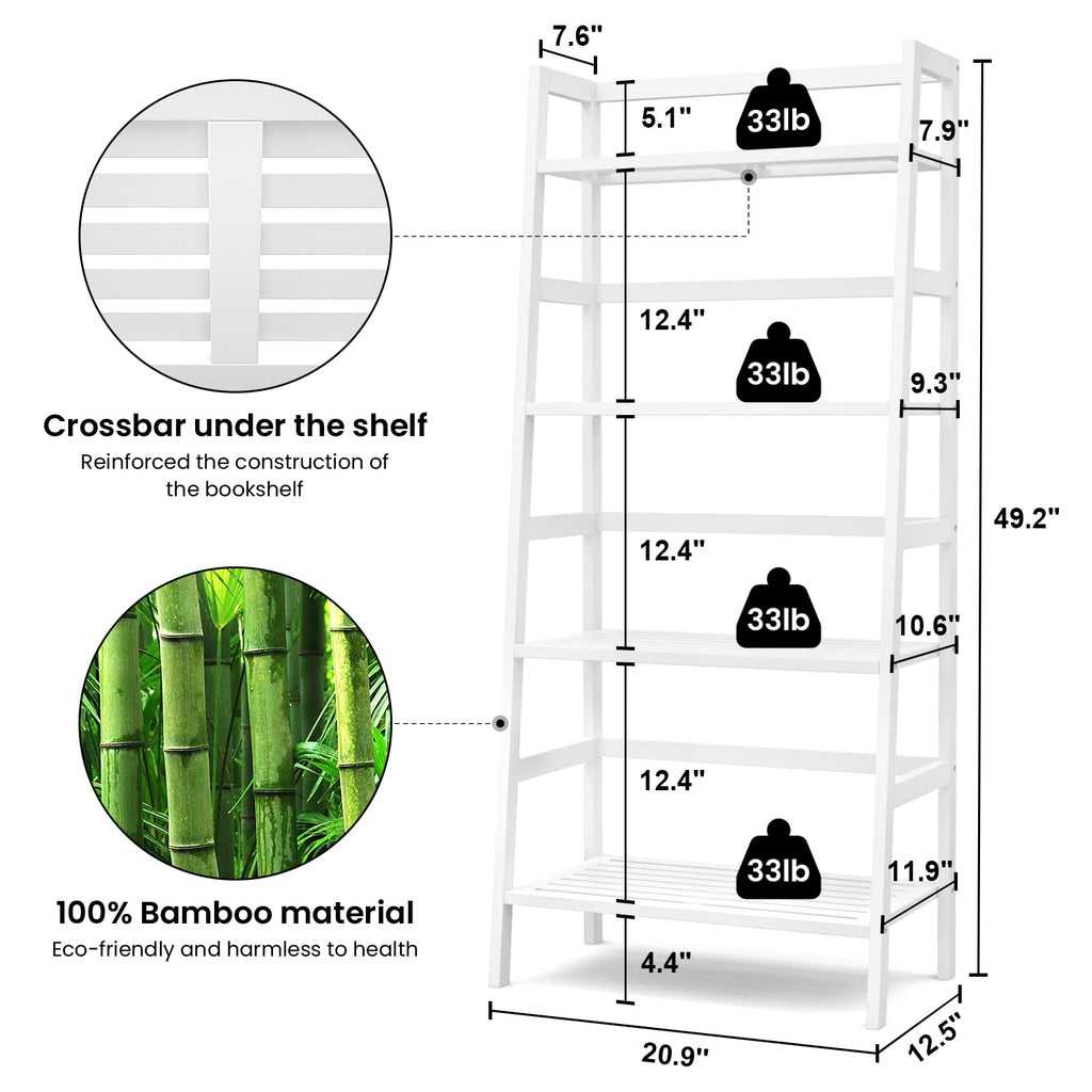 White Ladder Shelf, Bamboo 4-Tier Bookshelf & Bookcase Organizer