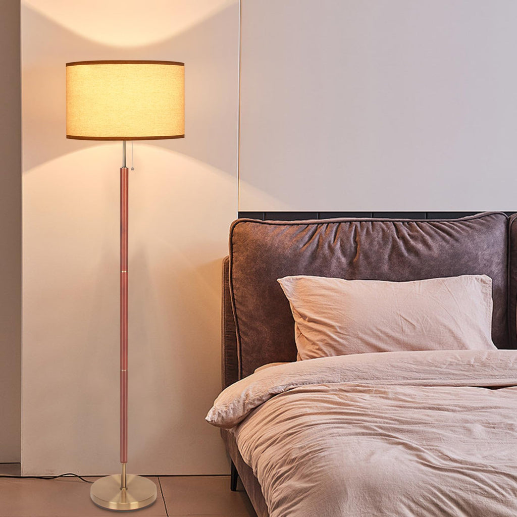 Mid-Century Modern Floor Lamp, Walnut Wood Finish, Drum Shade, Living Room Décor (64in, E26 LED)