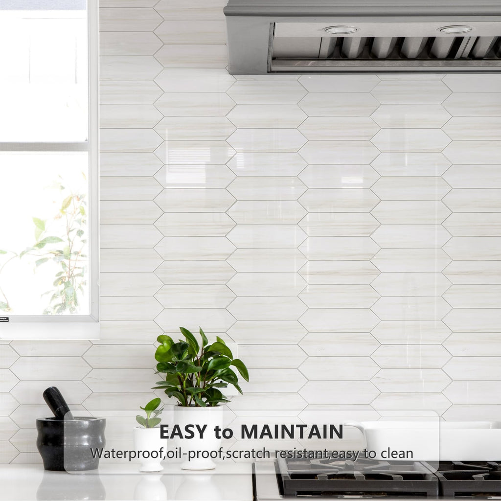 Glossy Dolomite White Backsplash Tile Peel and Stick, 12.8 x 12.8 Inch 10 Sheets Long Hexagon PVC Self Adhesive