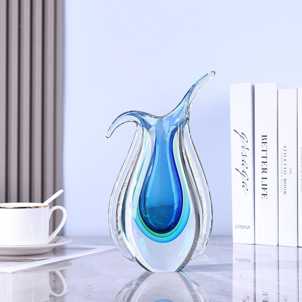 Blown Glass Blue vase, Unique Murano Style Glass Art Deco vase TV Stand, Table Setting, Office, Room and Desktop