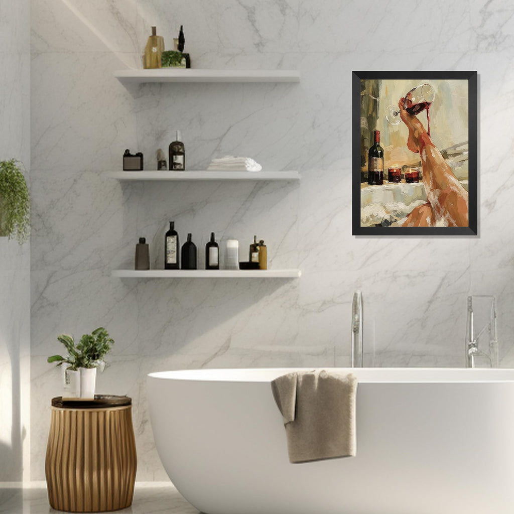 Luxury Bathtub Scene with Wine Glass Wall Art, Elegant Legs & Candlelight Print, Romantic Spa Decor for Master Bath