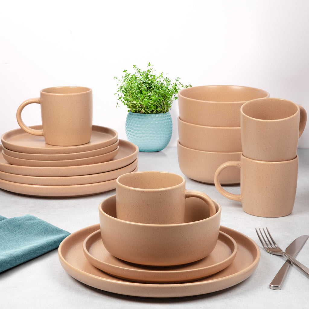 Terra Stoneware Dinnerware Set, Artisanal Ceramic Plates and Bowls Set Crafted at 2300°F - Service for 4, Terracotta