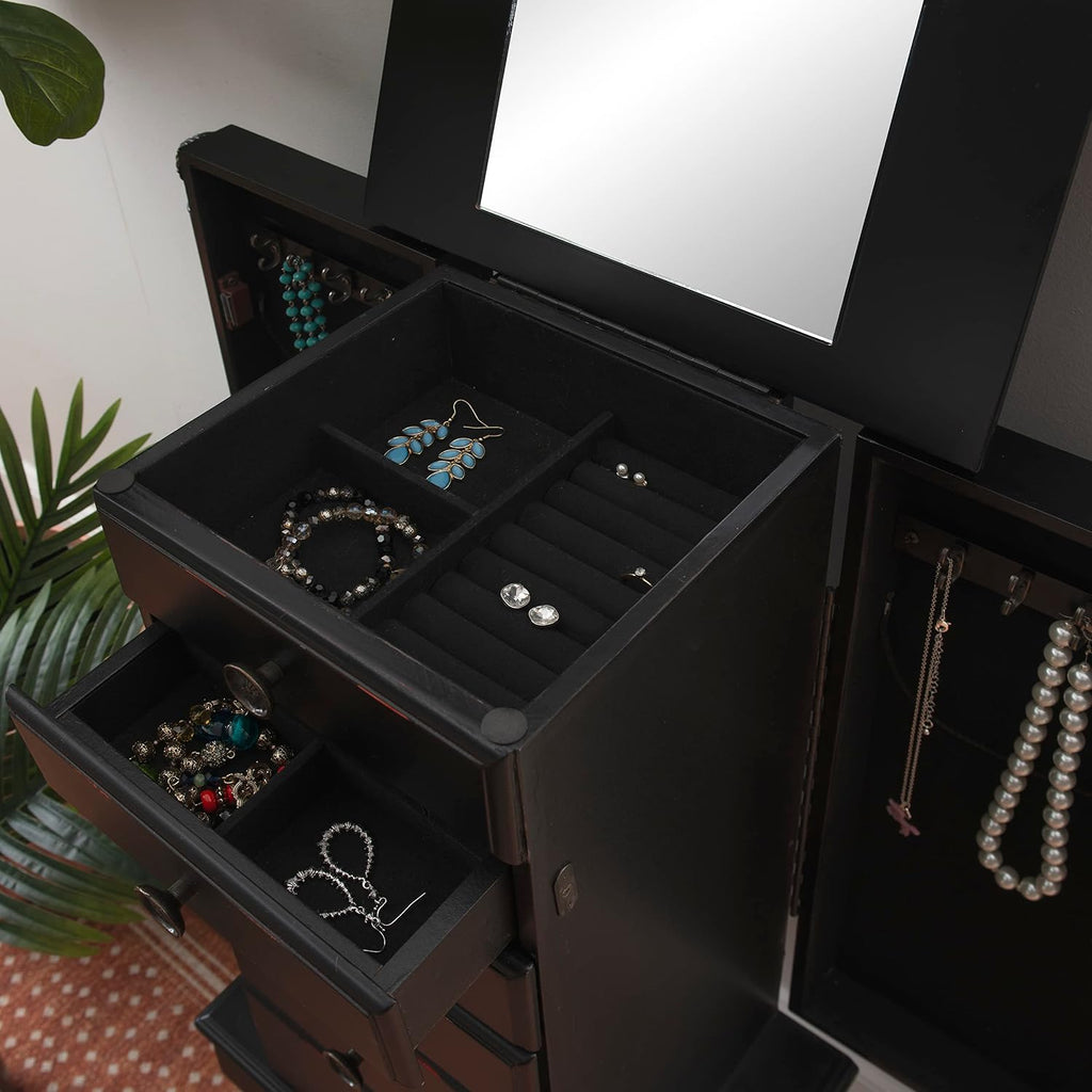 Ebony Jewelry Armoire, Distressed Ebony Black; Black Lining