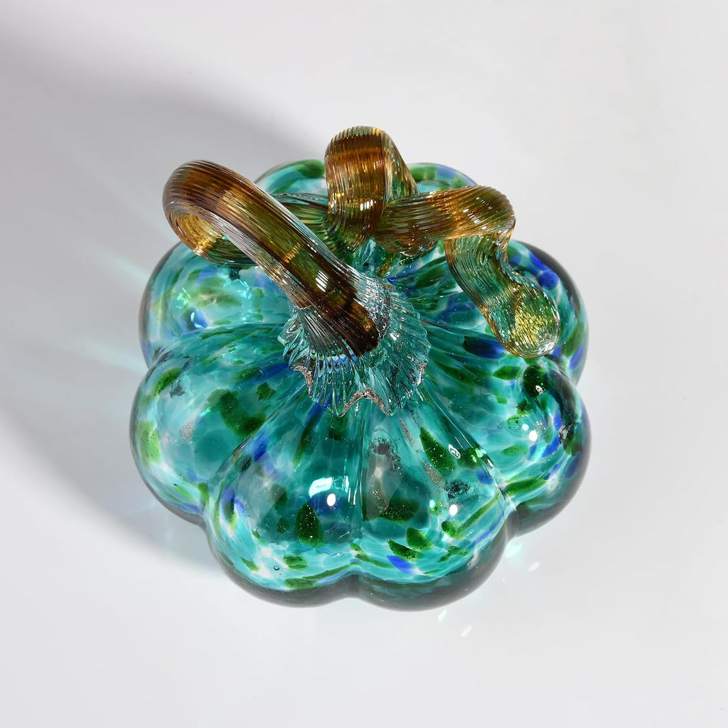 Hand Blown Glass Pumpkin Figurines Collectibles, 3.15" Turquoise Blue Crystal Pumpkin Decorations for Fall Harvest