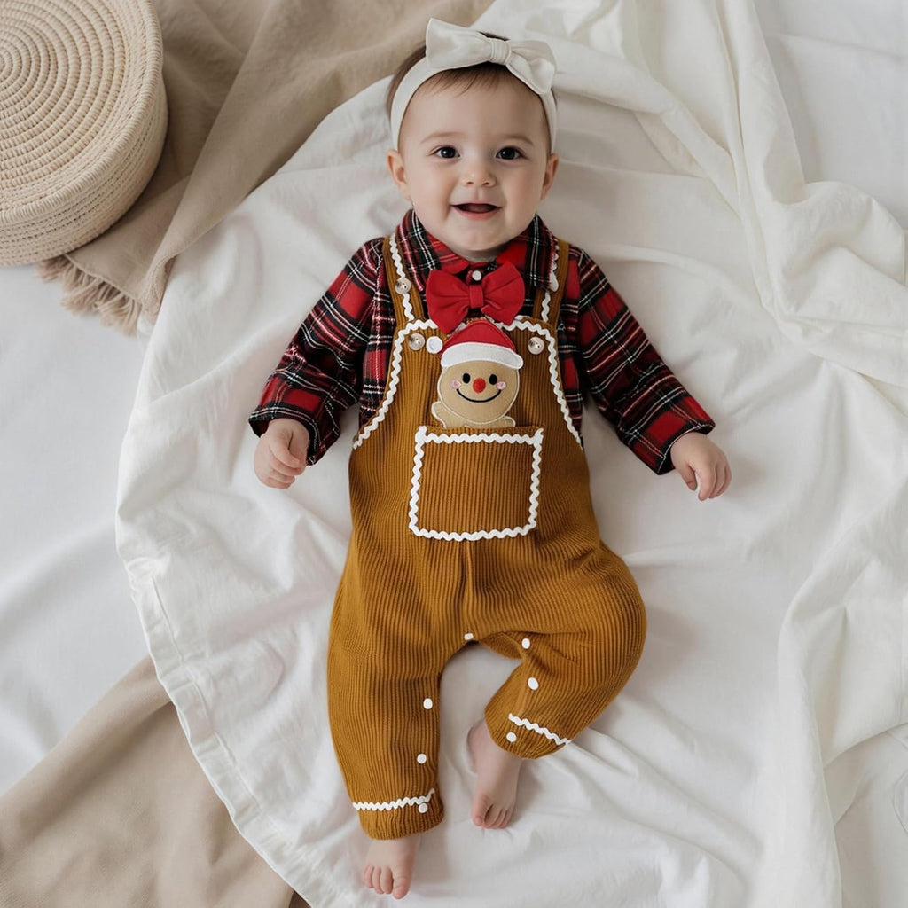 Baby Boy Christmas Outfit Plaid Long Sleeve Bodysuit Attached Bow Corduroy Romper Overalls 2 Pcs Set
