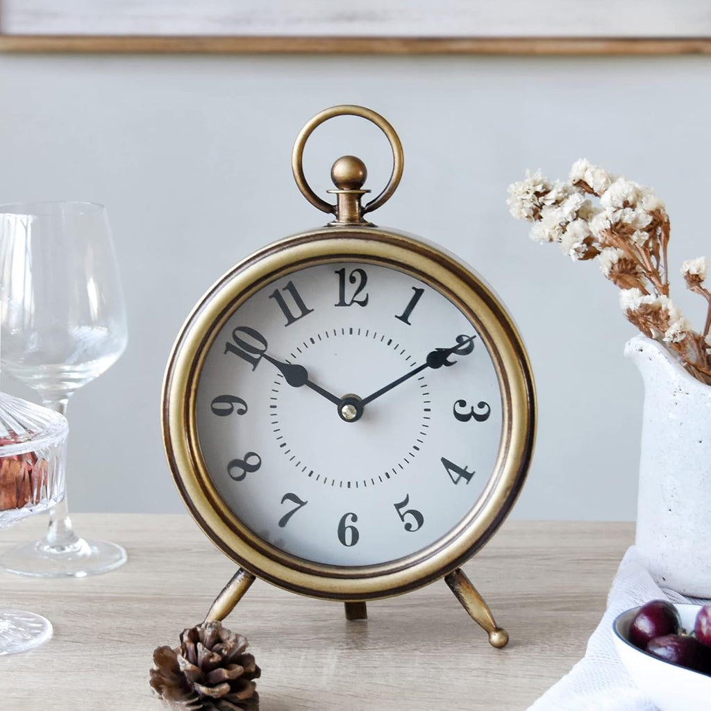 Antique Gold Finish Mantel Clock - Vintage Gold Table Clock on Stand, Decorative Desk and Shelf Clock