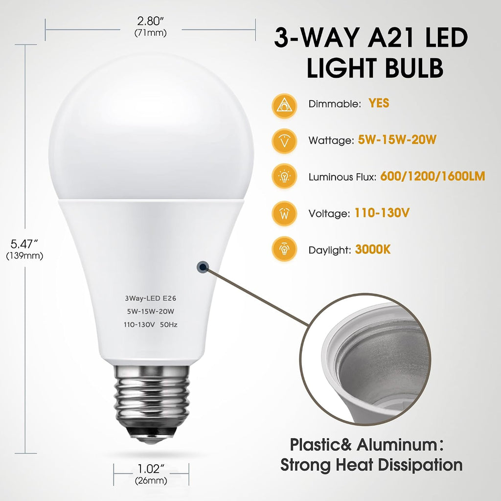 3 Way LED Light Bulbs 50 100 150W Equivalent A21 Soft White 3000K