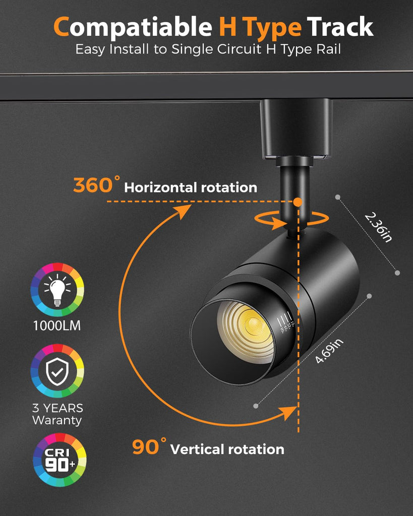 16 Pack Zoomable H Track Lighting Heads Dimmable, Black 12W