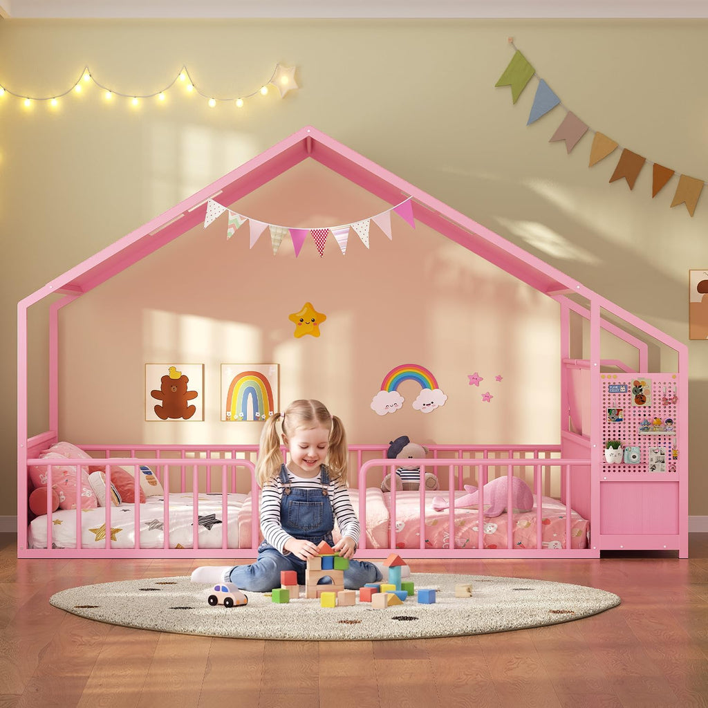 Montessori Full Size Floor Bed, Safety Guardrails, Reading Nook, Pink | House Shape, Wide Soft Padded Seat, Sling