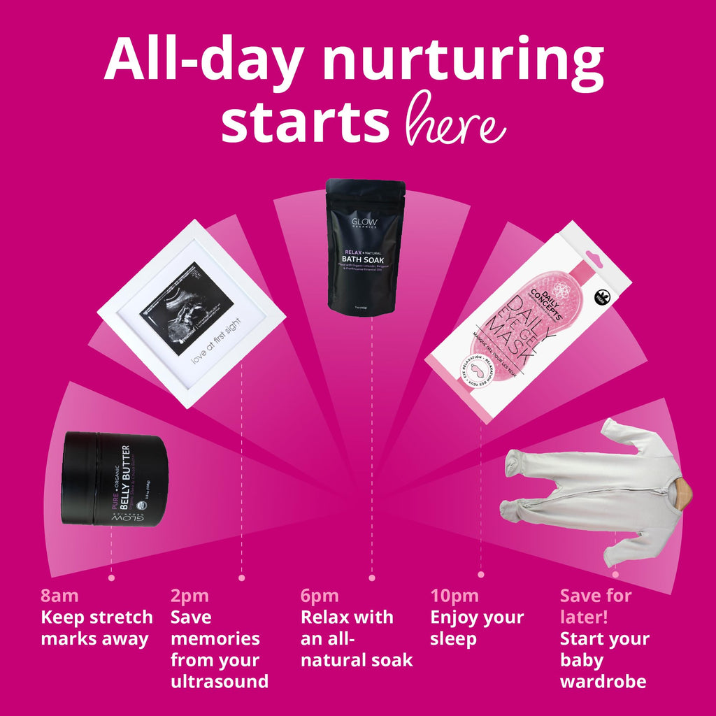 2nd Trimester Gift Set, Complete Pregnancy Care Package with Belly Butter, Bath Soak, Baby Footed Sleeper, Sonogram