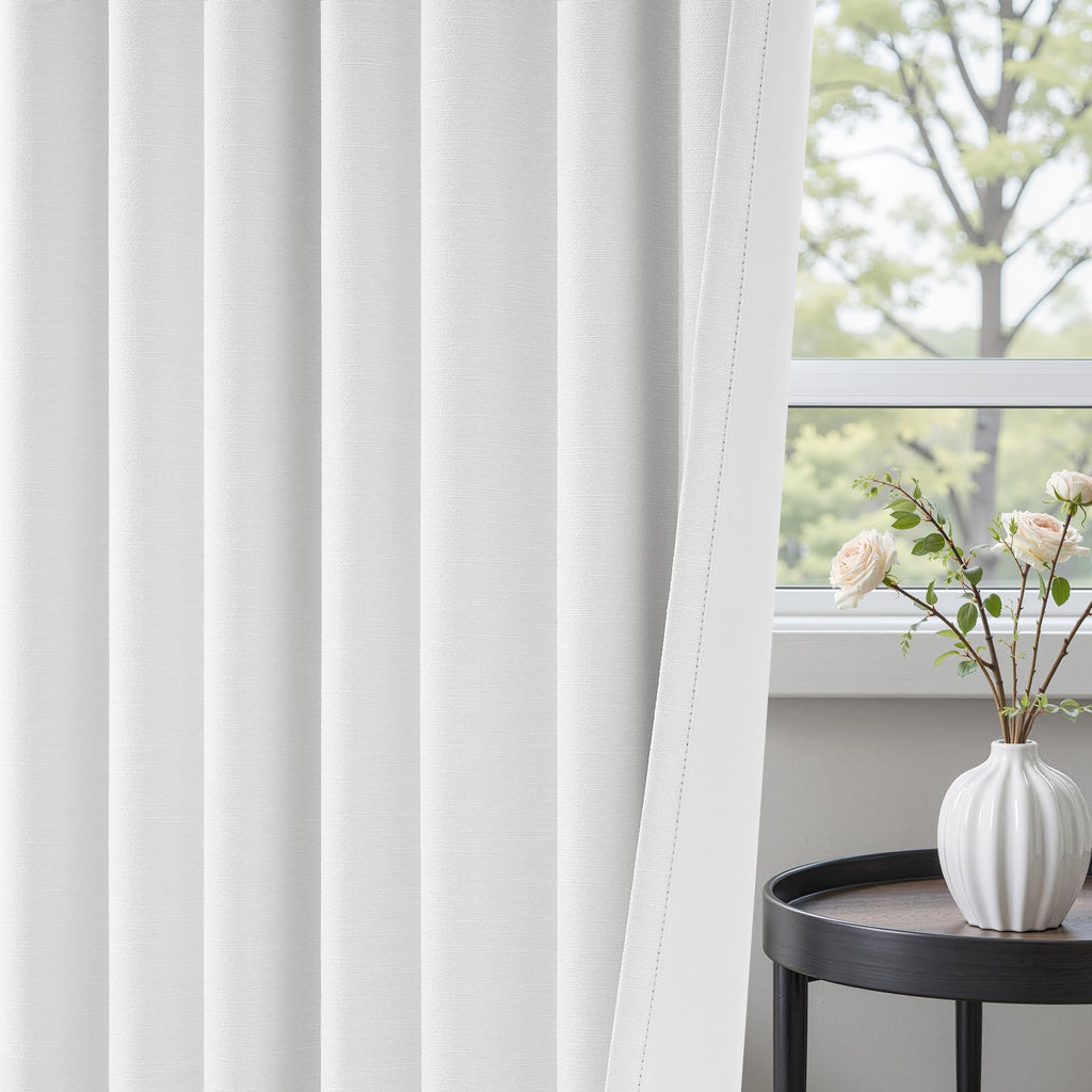 90 inch long 100% Blackout linen curtains 2 Panels set Beige White Window Drapes with Back Tab Rod Pocket Light
