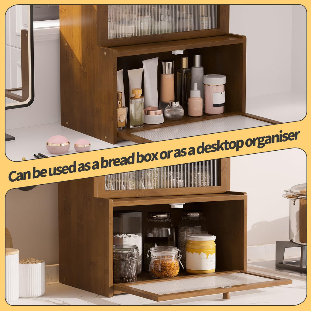 Double Layer Bamboo Counter,Bread Holder,Countertop Bread Storage with Window (Brown)