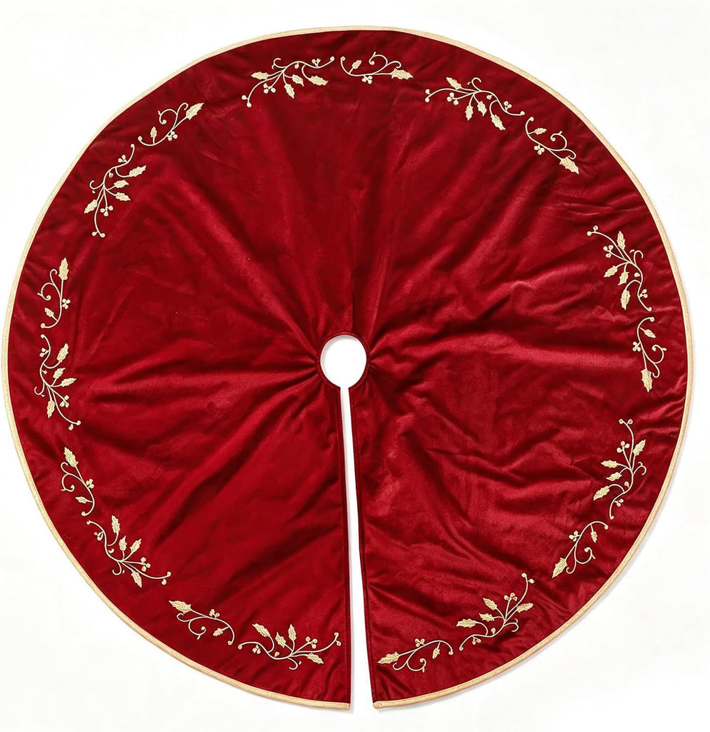 Christmas Tree Skirt, 48 inches Red Luxury Velvet Plush Fur Skirts with Gold Embroidered Holly Leaf for Rustic Xmas