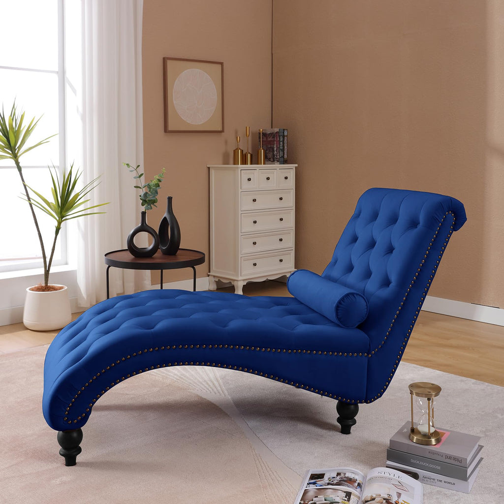 Modern Velvet Chaise Lounge Indoor with Nailhead Trim, Button-Tufted Armless Lounge Chair Indoor with Lumbar Pillow