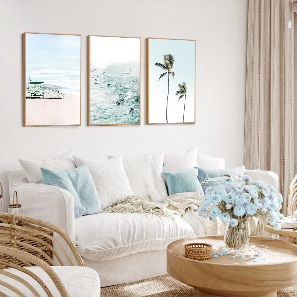Coastal Beach Framed Wall Art Tropical Palm Tree Ocean Surfing Decor