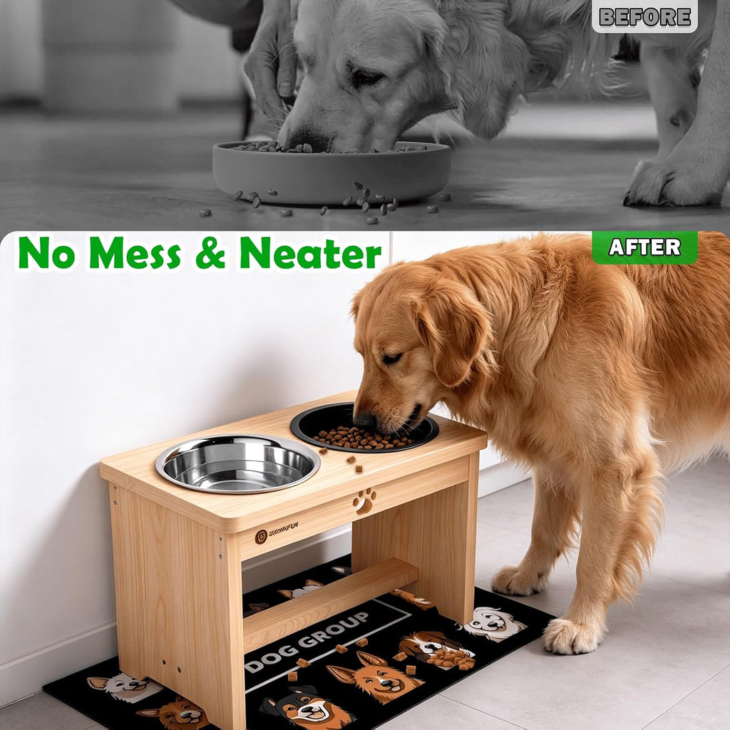 Elevated Dog Bowls with Slow Feeder & Mat for Medium and Large Dogs, 10" Tall Wooden Raised Dog Bowl Stand, 2