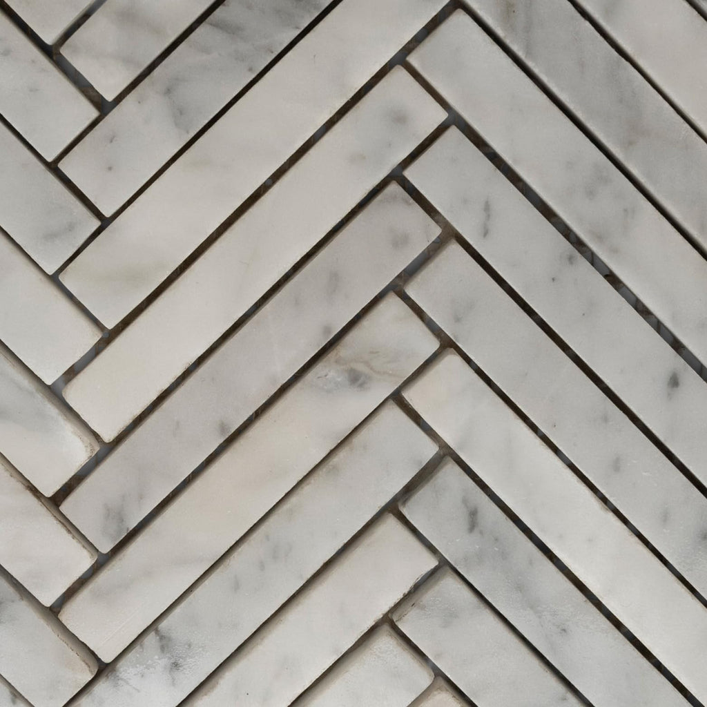 Carrara Small Chevron Mosaic Tile - 12" x 12" Hand-Sorted Polished Natural River Stone Kitchen Backsplash and Wall