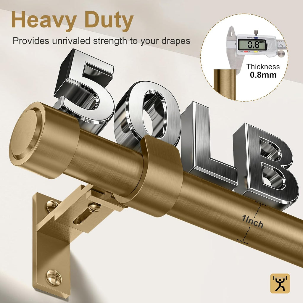 Warm Gold Brass Curtain Rod 36-144 Inches Adjustable, 1" Diameter Heavy Duty Window Rod with Solid Aluminum Finials &