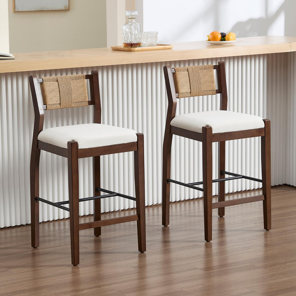 Rattan Counter Height Bar Stools Set of 2, 26" Boho Barstools with Woven Backs, Mid Century Walnut Wood Bar Stool