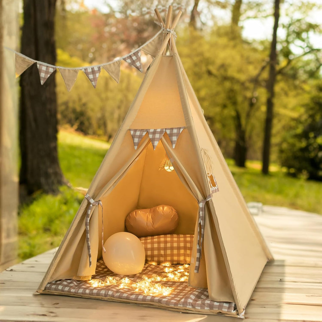 Teepee Tent with Padded Mat Bunting Banner Fairy Lights - Print Gingham Kids Play Tent with Carry Bay for Indoor