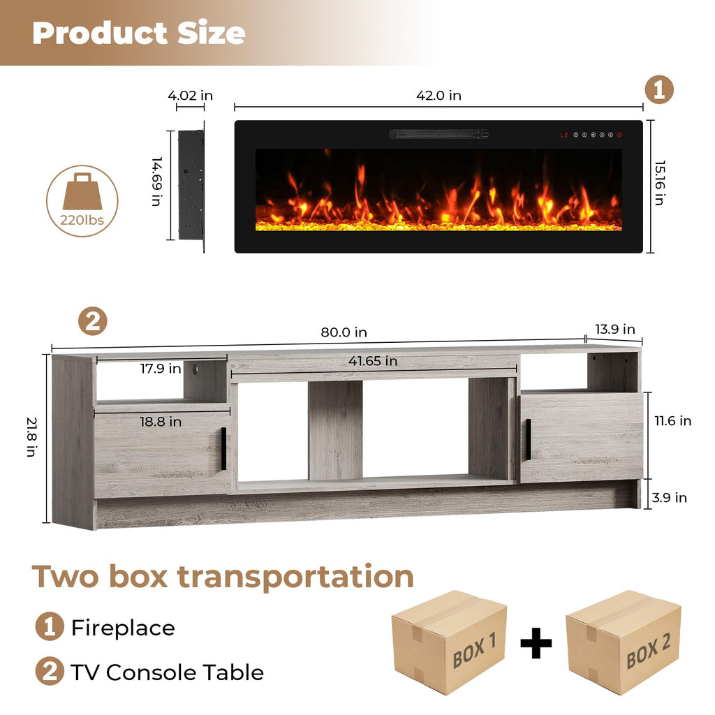 Electric, 80" TV Fireplace Stand Entertainment Center Console with 42" Electric Heater, LED Light/Storage Cabinet